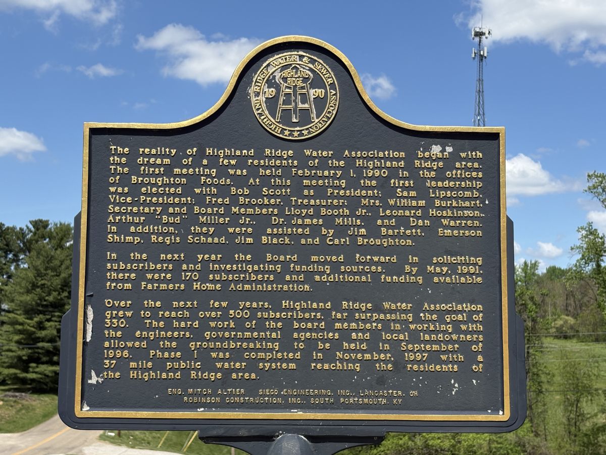 This plaque stands outside of our office. It explains our history here at Highland Ridge Water.